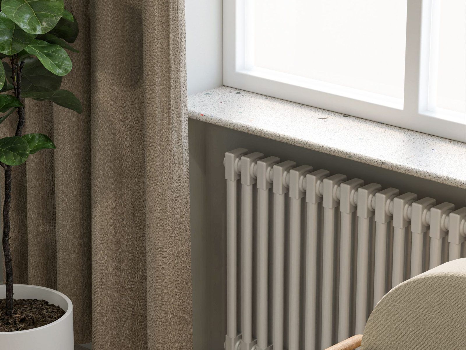 Weißer Heizkörper unter einem Fenster im Wohnzimmer
